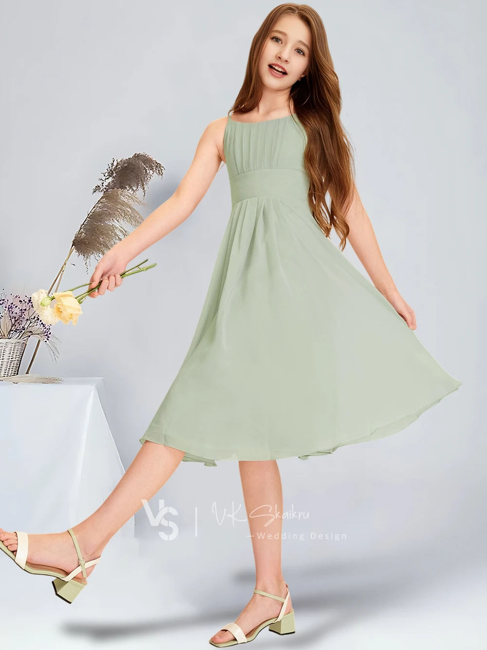 A-line Scoop Knee-Length Chiffon Junior Bridesmaid Dress Celadon Flower Girl Dress Wedding Party Communion Dresses For Teens