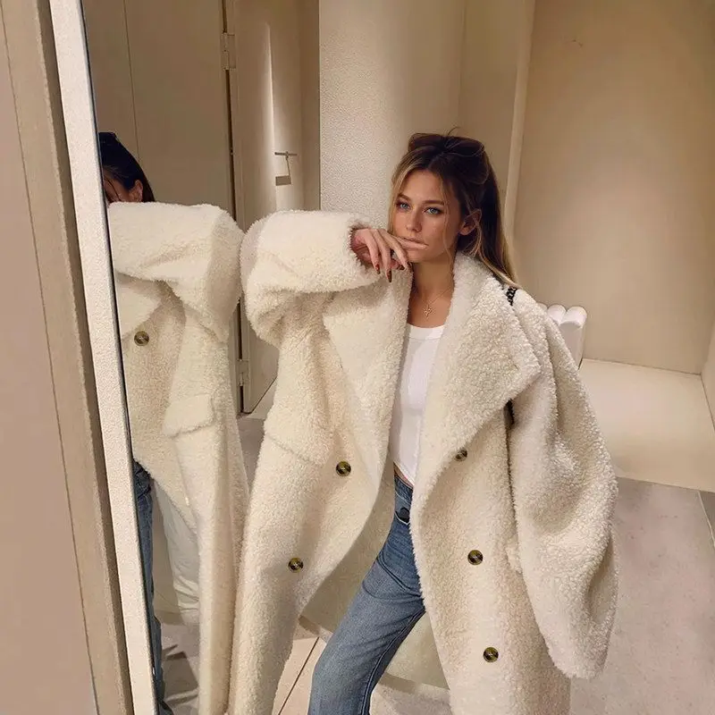 

Утепленное длинное пальто из овечьей шерсти с отложным воротником, женское, свободного кроя, в британском стиле, зимняя верхняя одежда, двубортное