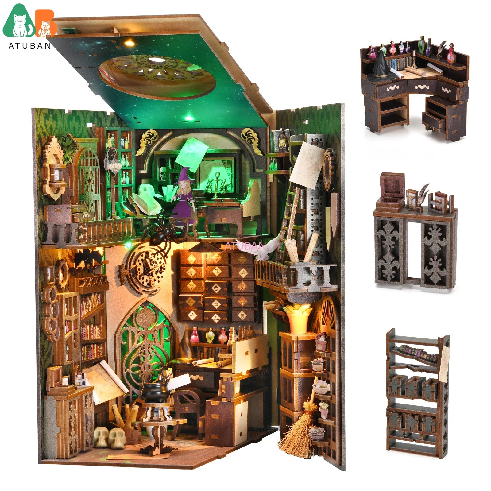 DIY Miniature Dollhouse Bookhead Kit,3D Wooden Bookend, Bookframe Insert, Decorative LED Light, Magic Apothecary