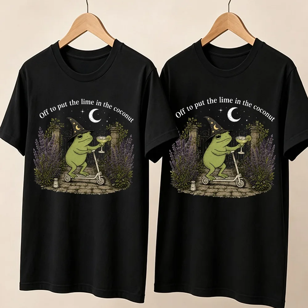 Off To Put The Lime in The Coconut Frog Graphic T-Shirt Cotton Short Sleeve Unisex Men Women Cottagecore Witchy Funny Gift Tops