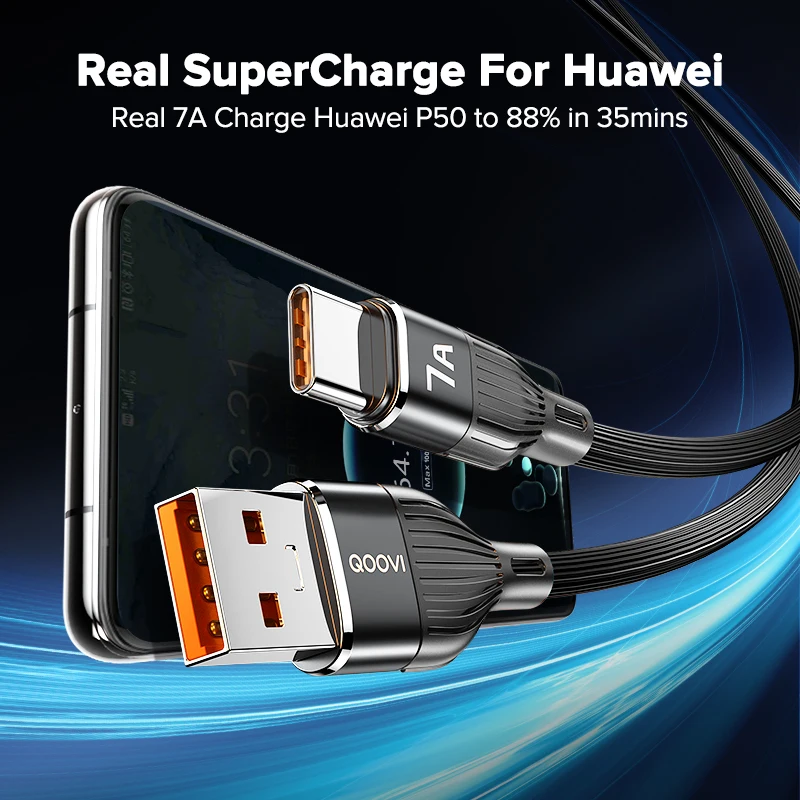 QOOVI 3M 7A USB Type C Cable Fast Charging Data Cord Quick Charge QC3.0 USB-C Charger For Xiaomi Samsung Huawei OnePlus Poco F3