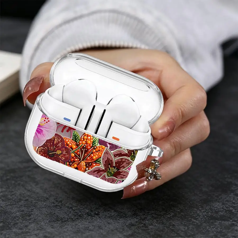 Embroidered Floral Print Clear Earphone Cases Cover With Hook Case For Samsung Galaxy Buds 3 FE Live 4Pro 3Pro 2 4 Pro 2Pro