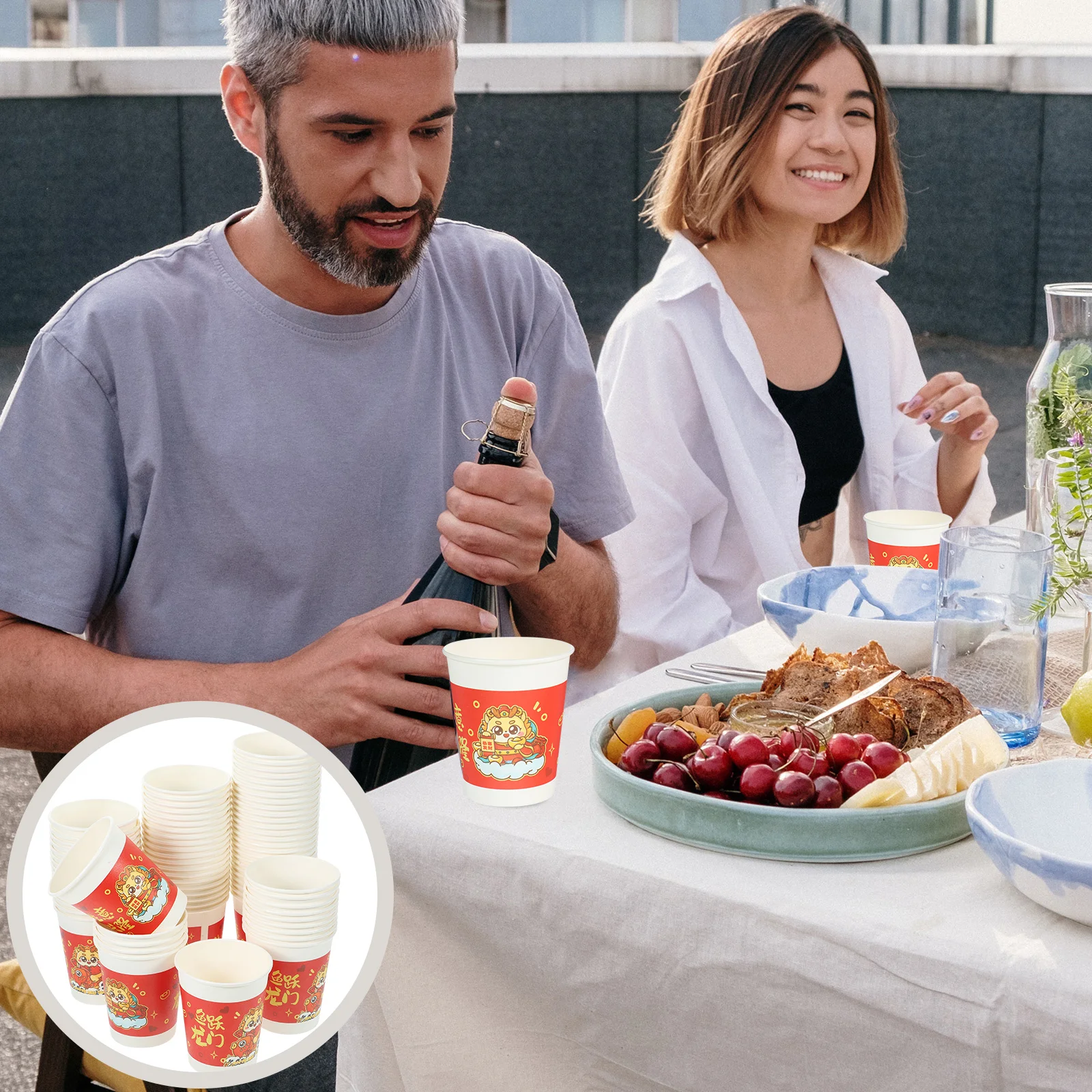 

100Pcs Festival Paper Cups with Dragon Design Strong Paper Drinking Cups for Wedding Party Banquet New Year Celebration Decor