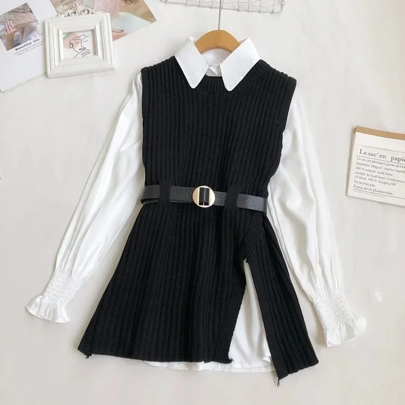 Knit Sweaters Blouse Set Women Two Piece Suit Full Spring Shirt Knitted Vest Korean Belt Elegant Tops White Lace Up Autumn Y2k