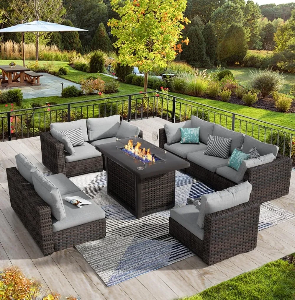 

9 Piece Patio Furniture Set with Fire Pit Table All Weather Outdoor Sectional PE Rattan Patio Conversation Sets with Cushions