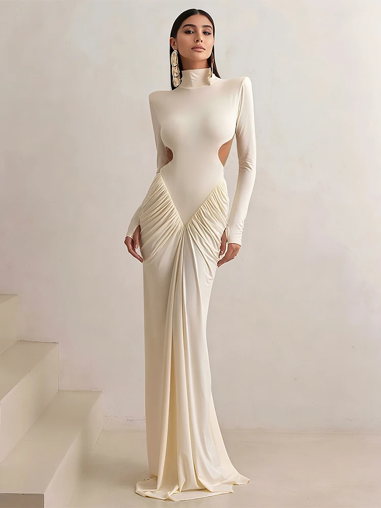 Nibber Rückenfreies Maxikleid für Damen, Stehkragen, lange Ärmel, tailliert, pfirsichfarbenes Gesäß, Falten, Schulterpolster, elegantes Bankett, Vestidos