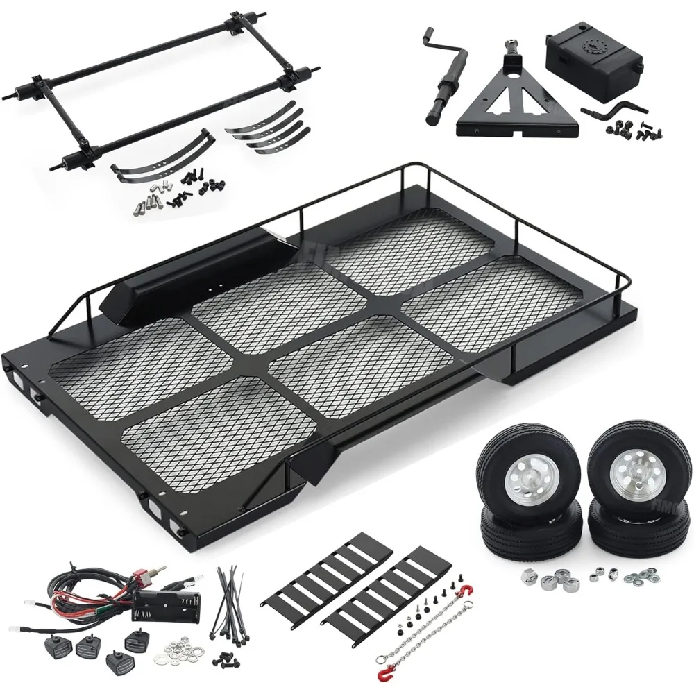 Metal Builder Kit 1/10 RC Trailer with Hitch Mount Receiver & Hauling Ropes for Crawler Cars Axial SCX10 D90 Wrangler TRX4/6