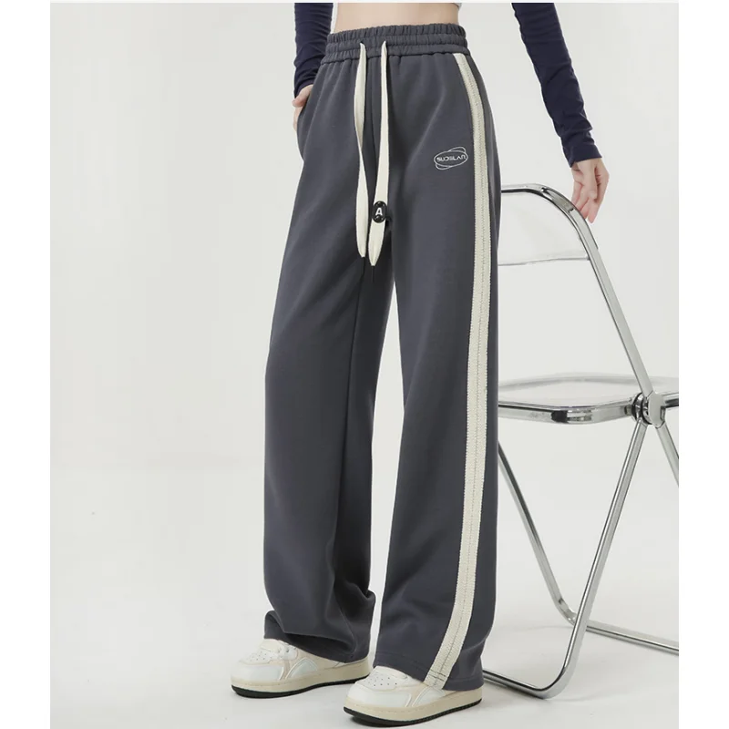 

Women Black Cargo Pants Streetwear Stripe High Waist American Wide Leg Pants Fashion Female 2023 Winter Grey Straight Trousers