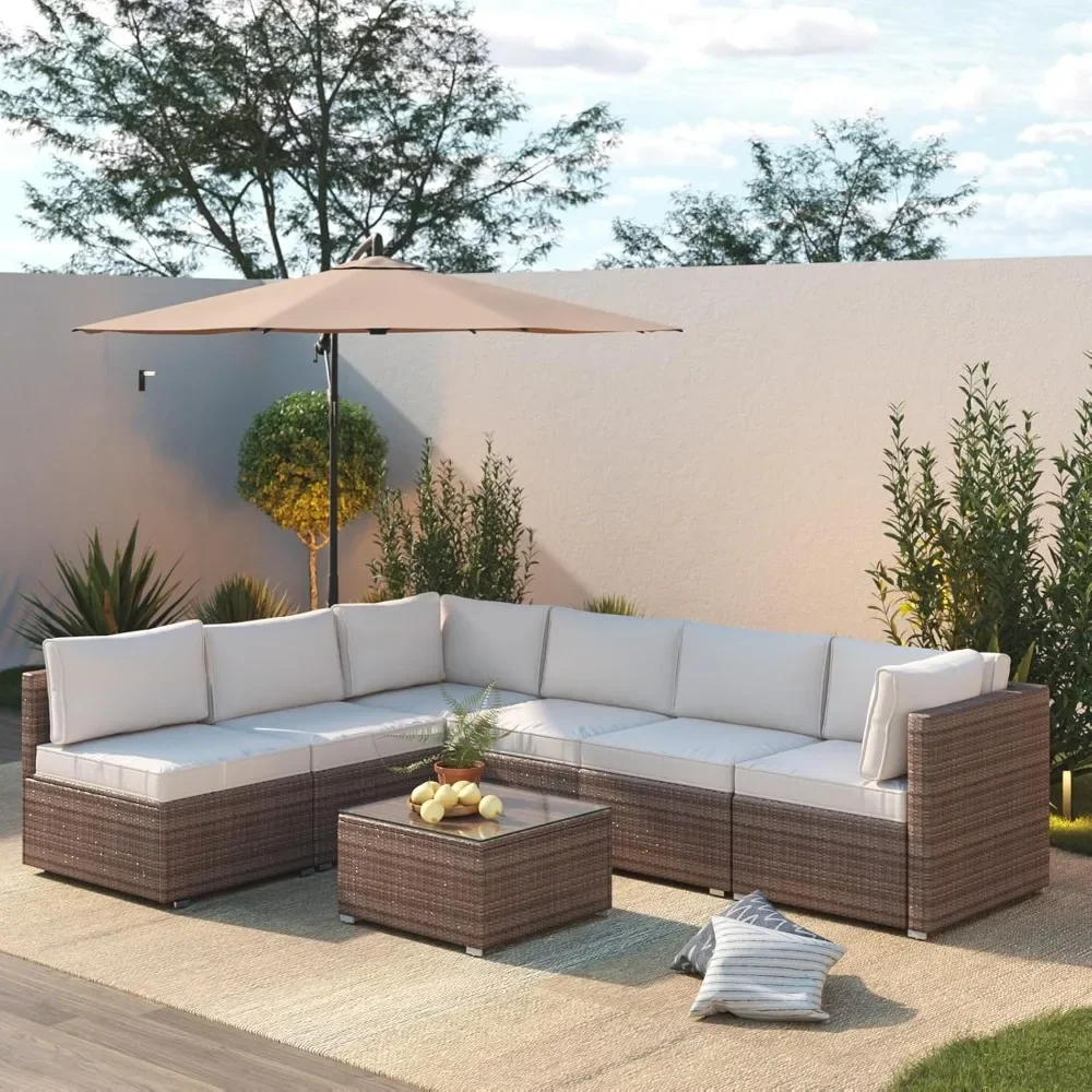 

7 Piece Patio Furniture Set, Outdoor Couch Set—All-Weather Outdoor Furniture Sectional w Water Resistant Thick Cushions