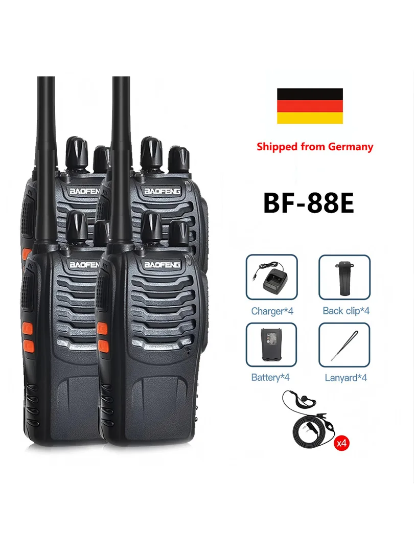 4 Stück BAOFENG BF-88E Walkie Talkie PMR Zwei-Wege-Radio 446.00625-446.19375 MHz 16CH mit USB-Ladegerät und Headset, Versand aus Frankreich