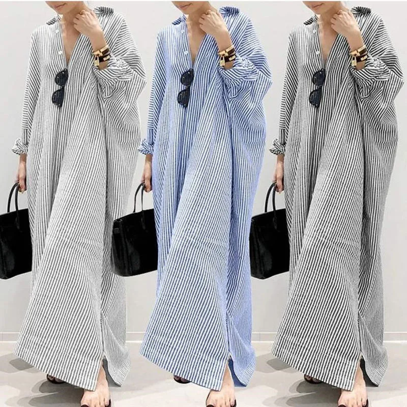 Lapel Striped Plus Size Dress Fashion Plus Size Clothing Long Sleeve Loose Cardigan Button Large Casual Skirt 2022 4XL 5XL