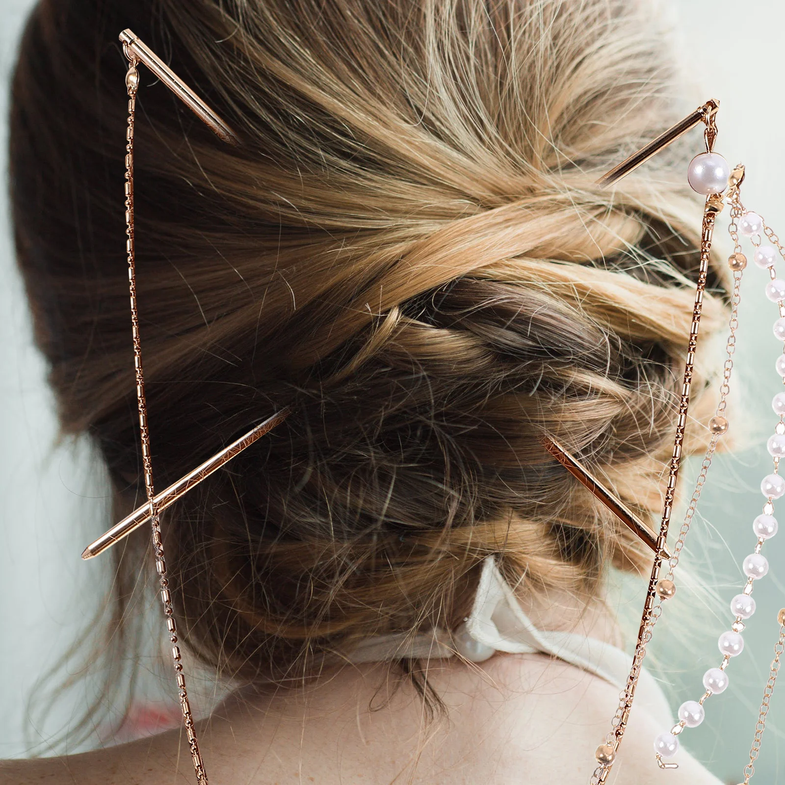 

Vintage Hair Stick Double Chain Tassel Hairpin Chinese Style Bun Holder Abs Zinc Alloy Durable Hair Fork For Hanfu