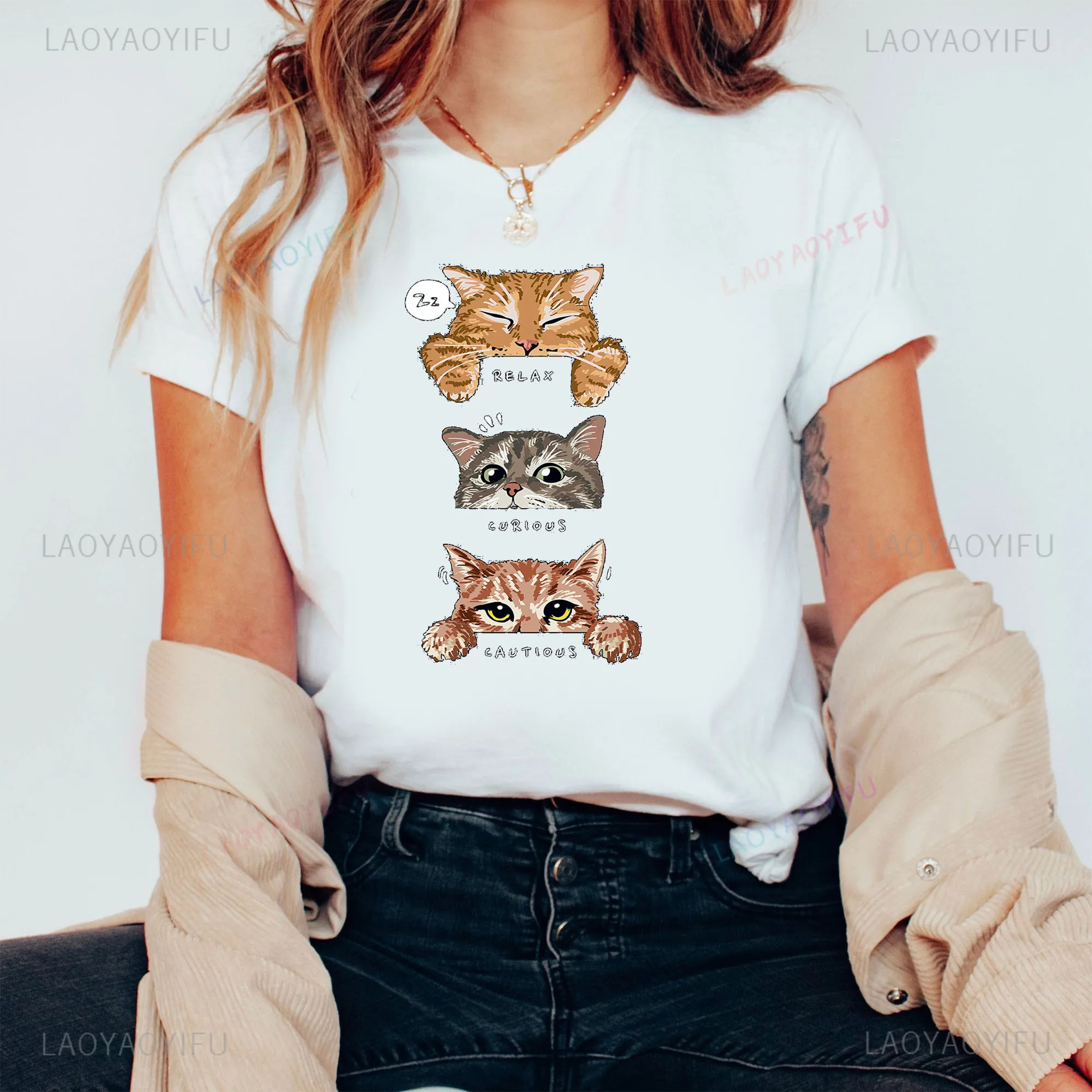 Kawaii Cute Cat  Graphic T Shirts  Women Clothes Girlfriends and Sisters Short Sleeve Dress Harajuku Cotton FunnyTops Tee Shirt image 3