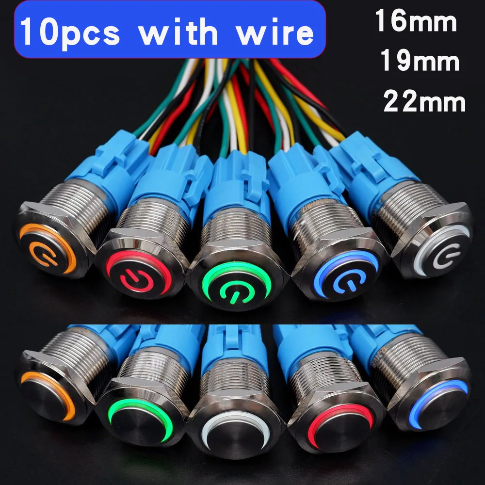 

10pcs Metal Push Button Switch 16mm 19mm 22mm Waterproof LED Light Momentary Latching Engine Power Switch 5V 12V 24V 220V Blue