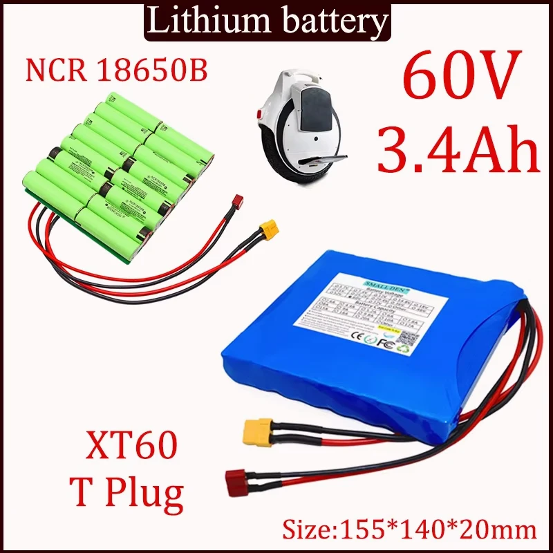 60V 3.4Ah Lithium battery 16S1P 18650B 3400mAh power rechargeable battery with BMS for self-balancing scooter electric unicycle