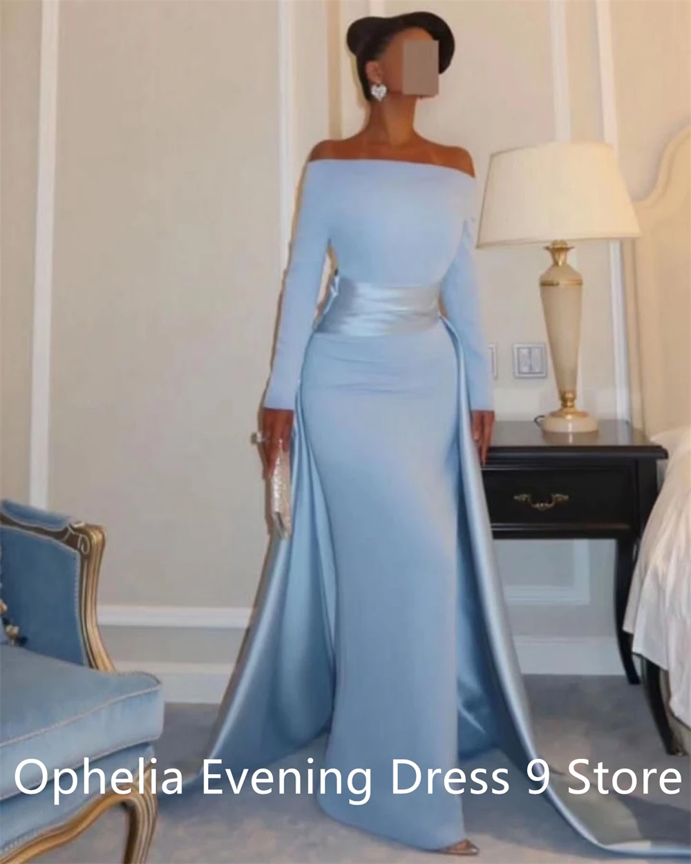 Customized Temperament Blue Jersey Evening Dress Exquisite Strapless Off the Shoulder Long Sleeves  Bespoke Occasion Gowns image 3