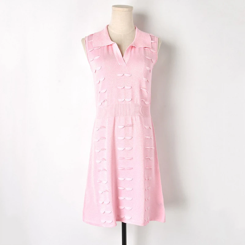 Summer New Women's Gold Thread 3D Lace Collar High Waist Dress Y2K High Quality Fashion Casual Sleeveless Knitted Dress