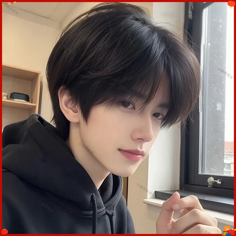 Synthetic Short Wig for Men Full Head Youthful Style Natural Fluffy Layered Korean Trendy Cosplay Daily Wear Breathable