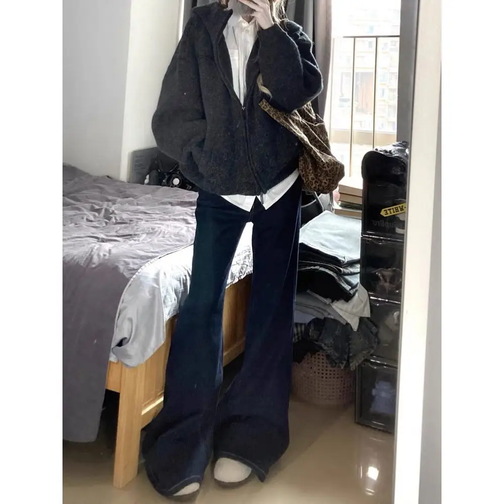 Jean évasé pour femmes, bouton, fermeture à glissière, boucle de ceinture, ceinture réglable, Simple, automne, printemps, vêtements pratiques classiques