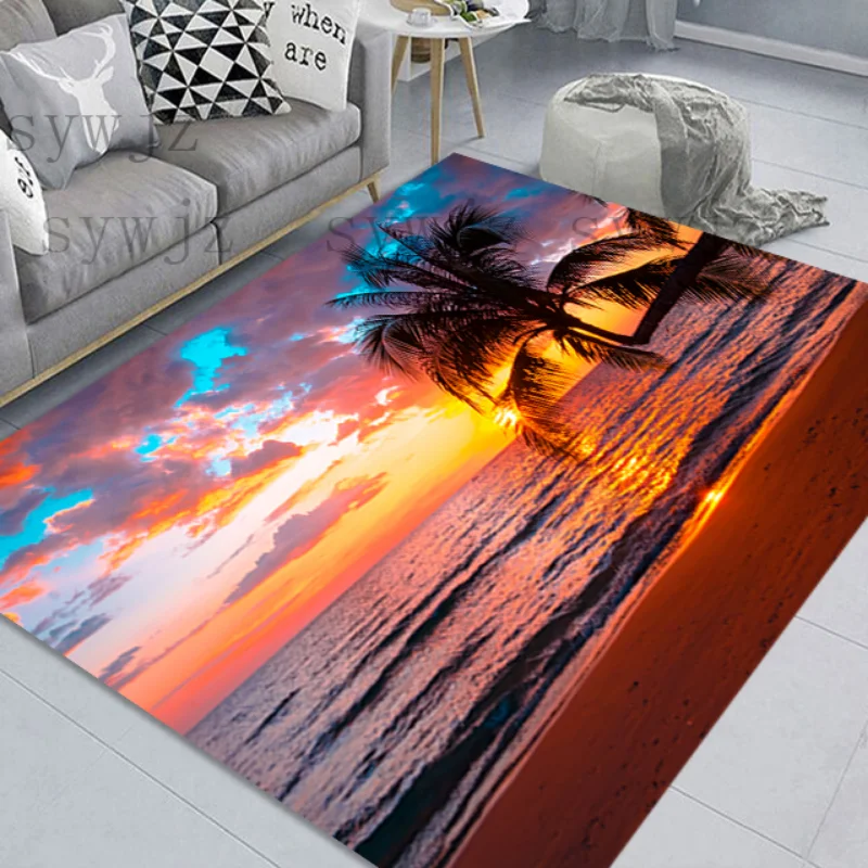 Sunset Beach Printing Living Room Rug 3D Scenery Floor Mat Home Antifouling Decoration Bedroom Bedside Rug Children's Play Mat