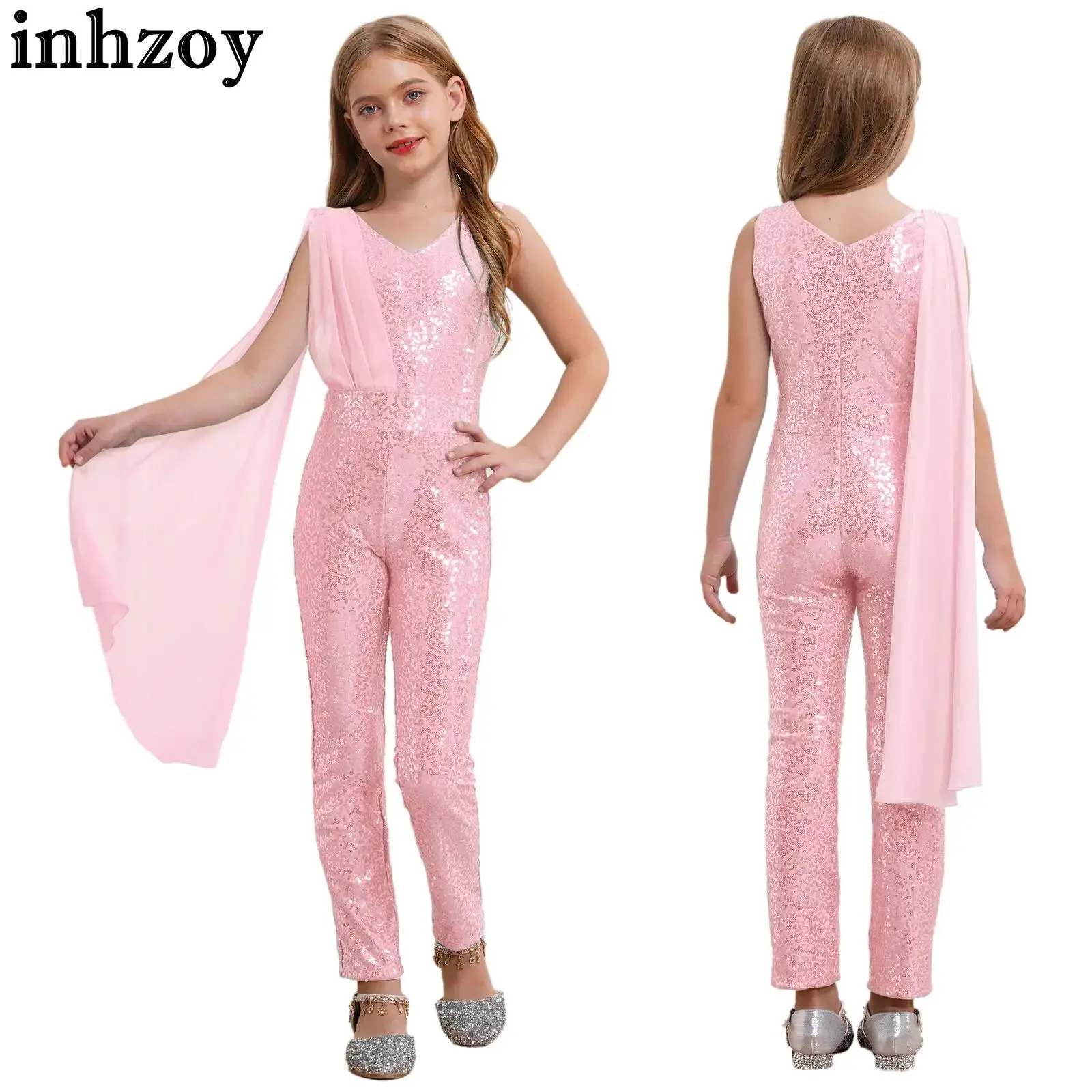 Niños Niñas sin mangas Color sólido chal de gasa lentejuelas brillantes mono de fiesta cumpleaños boda graduación fotografía traje de baile