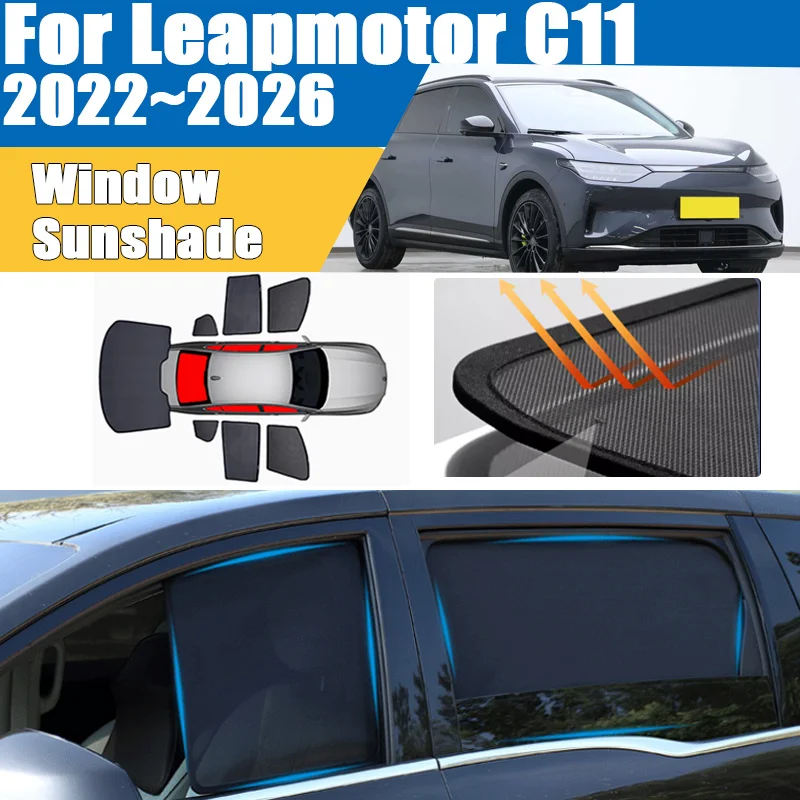 For Leapmotor C11 2022～2026 Car Sunshade Blocks UV Rays Heat Insulation Curtain Mesh Windshield Frame Curtain Auto Accessories