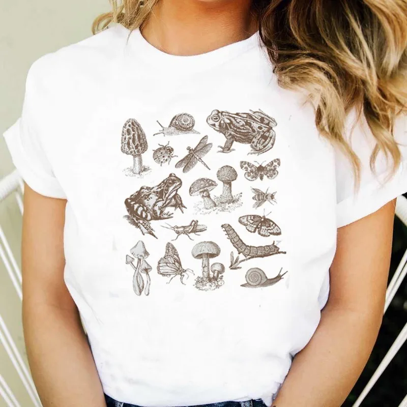Pflanze Frosch Pilz Garnelen Rundkragen Druck Weißes T-Shirt Kurzarm Damenbekleidung Ästhetische Kleidung Grafik T-Shirts
