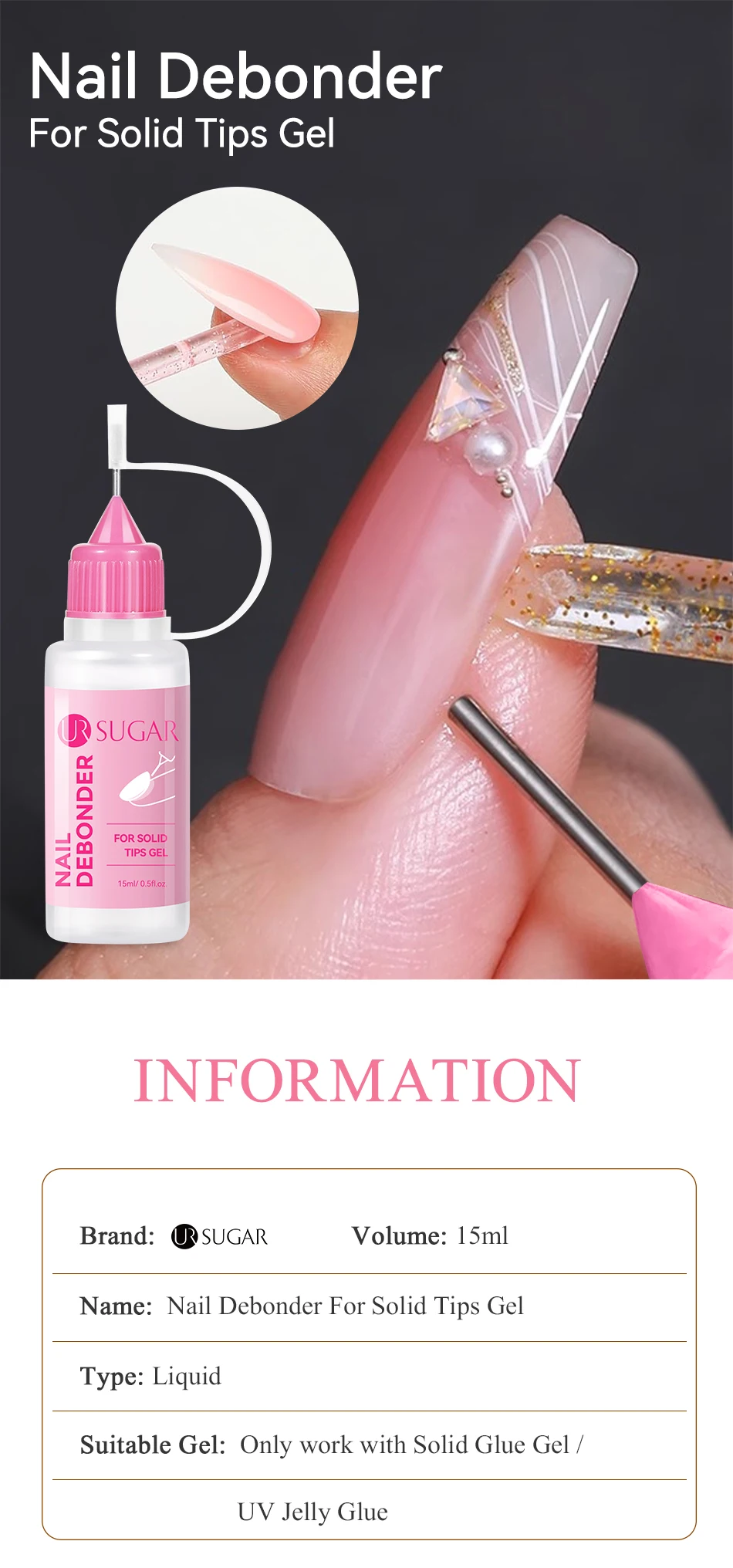 UR SUGAR 15ml Remover For Solid Tips Gel False Nail Tips Solid Adhesives Gel Remover Press On Nails Gel Fake Tips Remover Tools