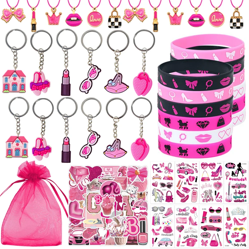 112pcs/82pcs Pink Girl Party Favors Stuffer Pink Keychains Bracelet Stickers Baby Shower Princess Birthday Party Gifts Christmas