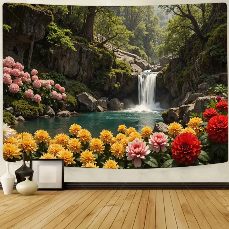 

1шт настенный гобелен водопад садовый гобелен с яркими цветами и спокойной лесной сцены