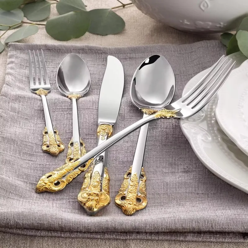 High Quality Vintage 304 Stainless Steel Spoon Fork Flatware Silverware Royal Hotel Wedding Gold Luxury Baroque Cutlery Set