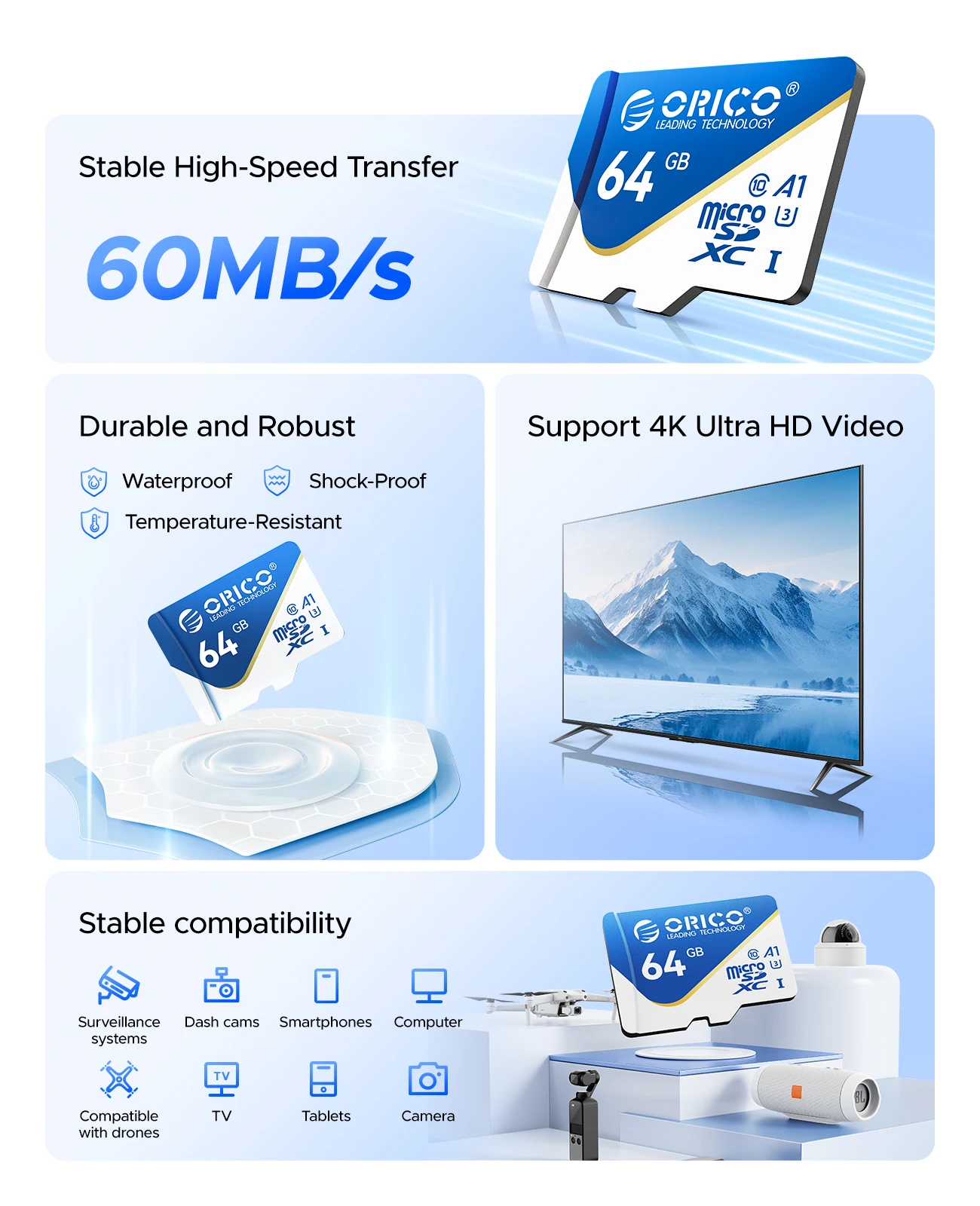 ORICO microSDXC UHS-I-Speicherkarte, 70 MB/s Lesegeschwindigkeit, 60 MB/s, 4K UHD-Aufnahme, U3, Klasse 10, V30, A1, Micro SD für Kamera, 32 GB, 64 GB – Detail 3
