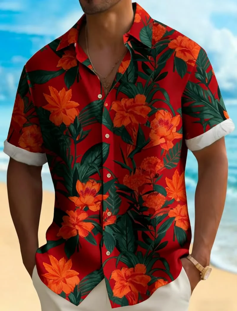 

Men's fashionable and exquisite Tropical Vibrant printed short sleeved shirt, suitable for daily leisure and beach vacation
