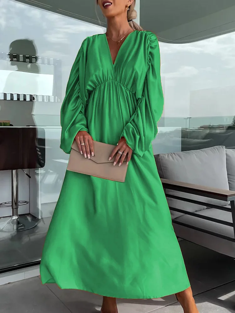 2023 Deep V-Neck Loungewear Party Dress Holiday Women Summer Long Sleeve Elegant Solid Shirring Elastic Waist Ladies Maxi Dress