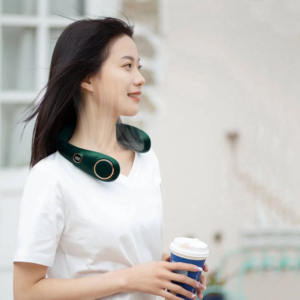 พัดลมคล้องคอแบบพกพาชาร์จไฟได้ USB ใหม่ล่าสุดพร้อมจอแสดงผลดิจิตอล