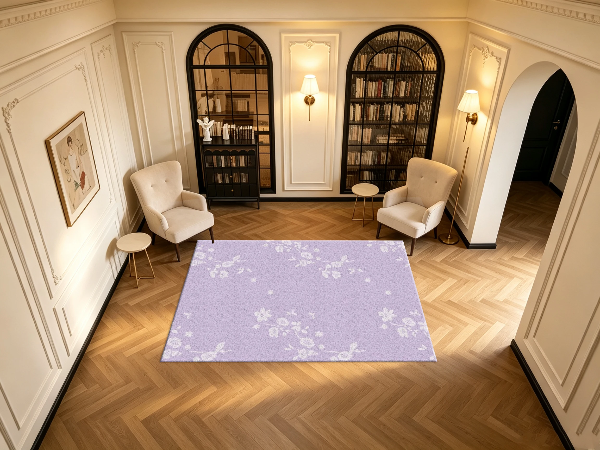 Light Purple Subtle White Floral Carpet Flooring Delicate Simple Blossom Seamless Printed Square Area Rug for Indoor Decoration