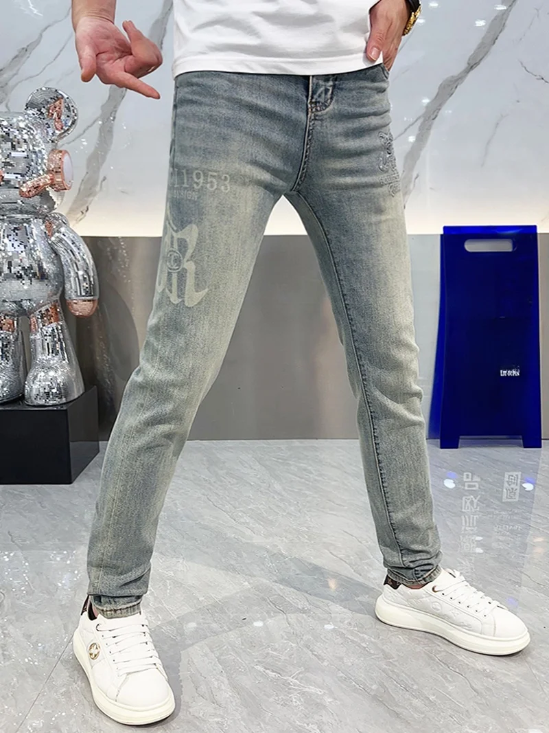 

Slim Fit Summer Thin Jeans Men's Casual Waed Print Jeans Youth Faion Breathable Long Pants Straight Leg Jeans