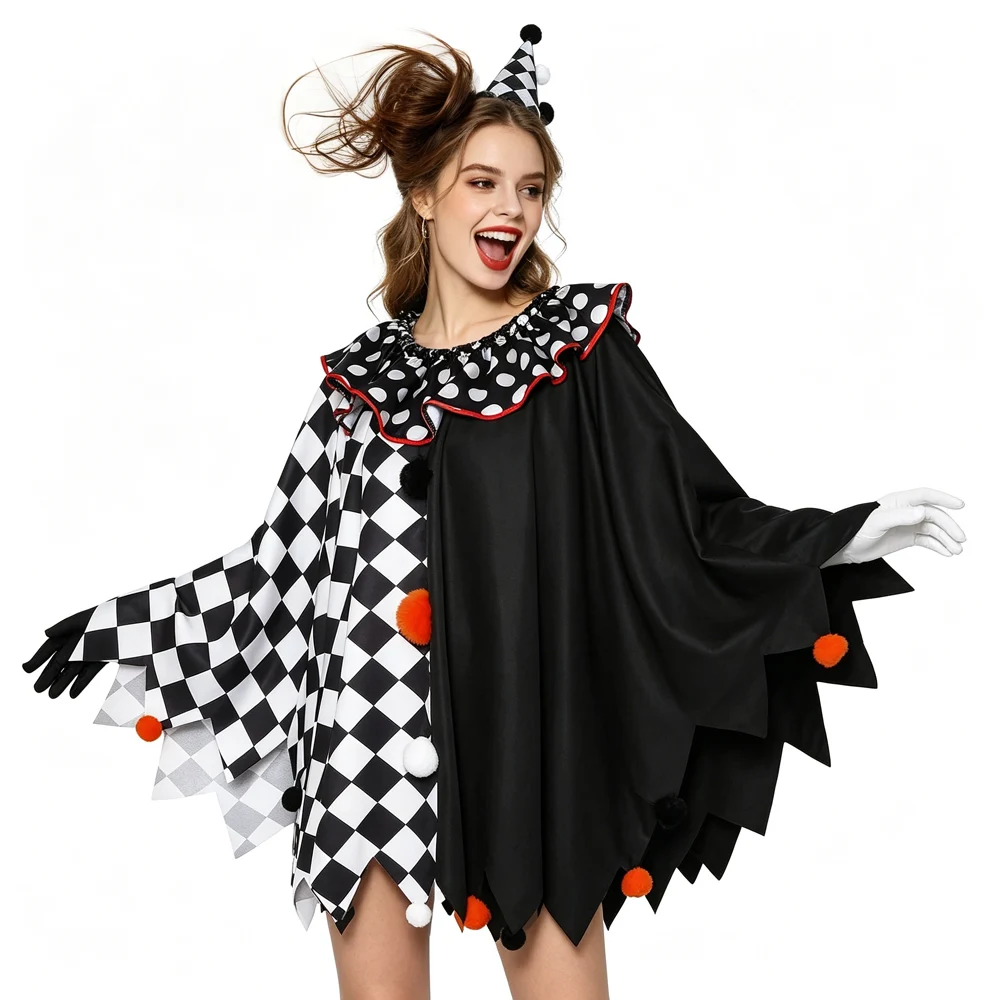 Halloween Scary Clown Cosplay Costume for Women Black White Cloak Fancy Dress Adult Cosplay Stage Performance Outfit - view 2