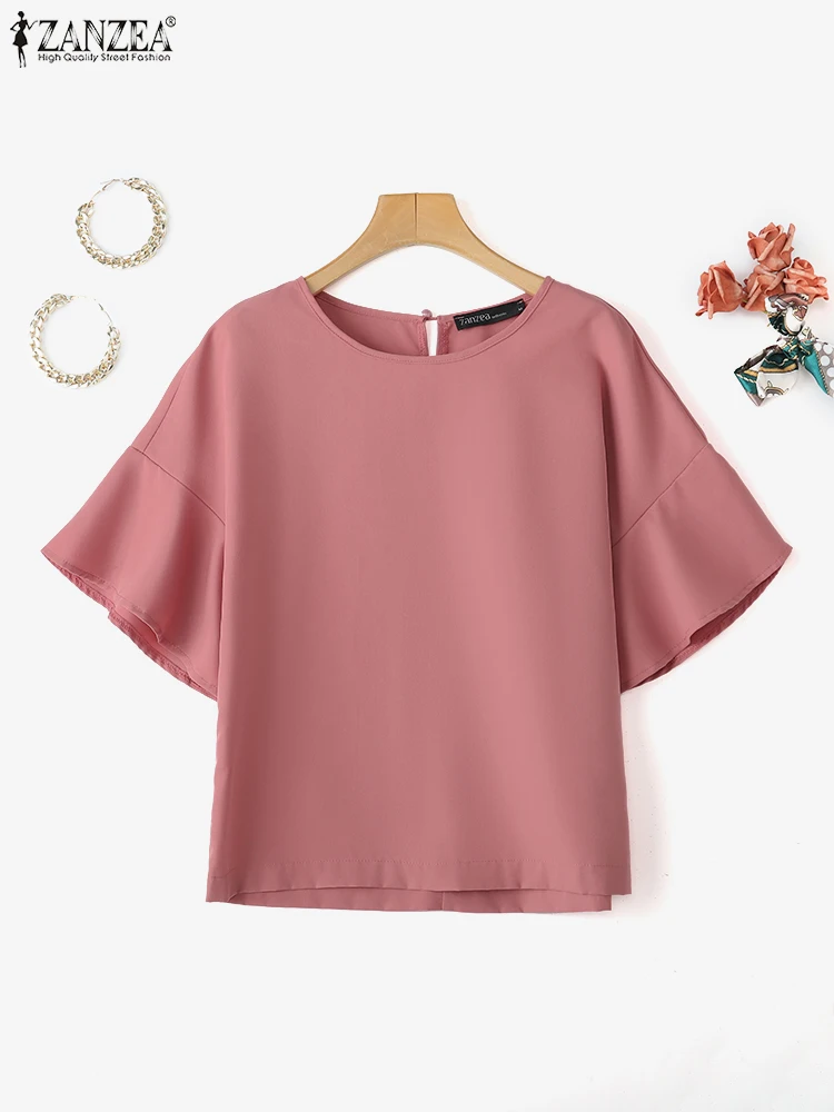 

ZANZEA 2025 Summer Blouses Women Short Sleeve Ruffles Fashion Streetwear Solid Color Tops Tee Work Blusas Oversize O Neck Tunic