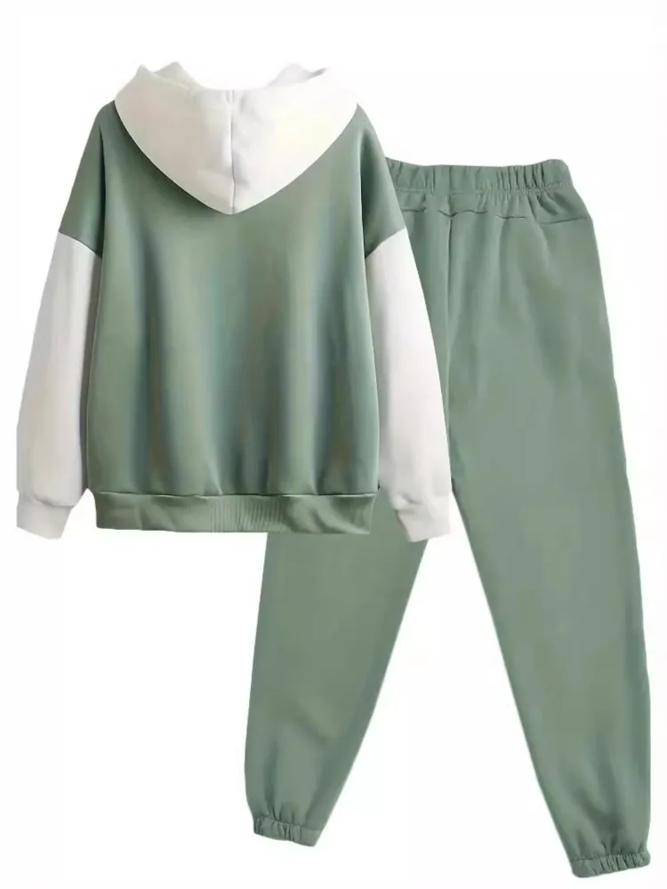 Mujer Otoño Invierno nuevo traje con capucha de bloqueo de Color sudadera bolsillo moda elegante Casual vacaciones trajes de dos piezas Mujer