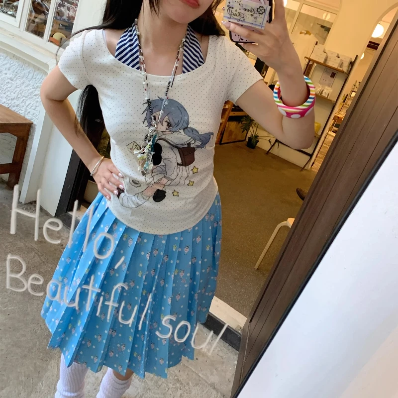 الصيف الضوء الأزرق الحيوان طباعة البولكا نقطة المرأة متوسطة طويلة مطوي تنورة اليابانية الحلو تنوعا الحد من العمر التنانير السيدات