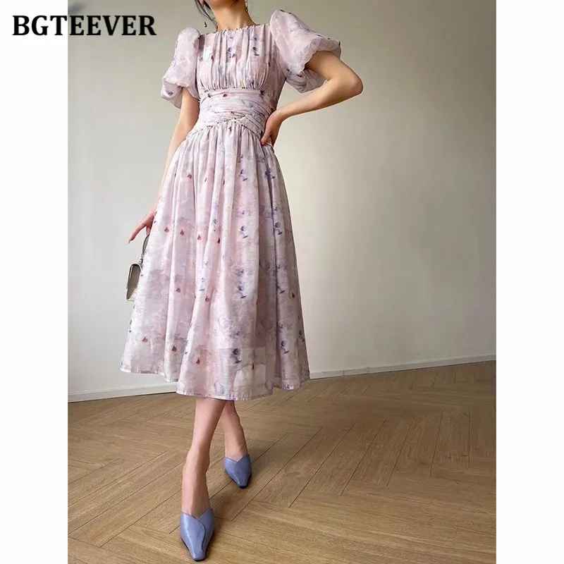 BGTEEVER French O-neck Slim Waist Female A-line Dress Elegant Puff Sleeve Women Floral Dress Mid-length Summer Vestidos