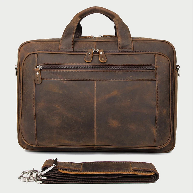 Vintage Crazy Horse Genuine Leather Briefcase Business Bag Large Leather Office Bag Male 17