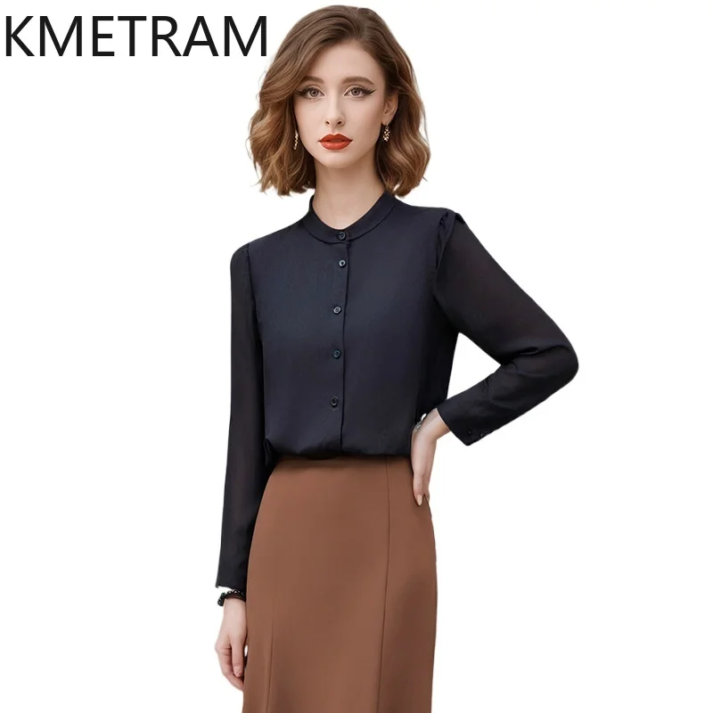 

KMETRAM 2026 Spring Tops for Woman French Style Black Shirt Women Stand Collar Casual Blouse Premium Women Clothes блузкаженская