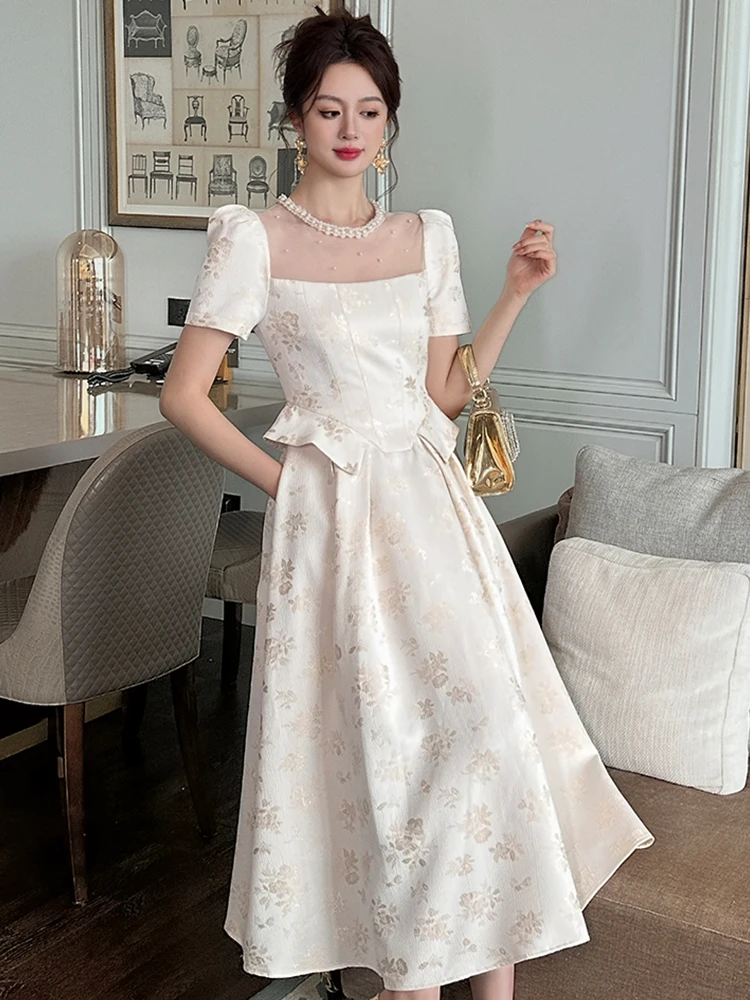 Women's French Luxury Noble Long Dress for Woman Sweet Sheer Mesh Splice Pearl Swing Robe Pockets Prom Party Vestidos Banquet