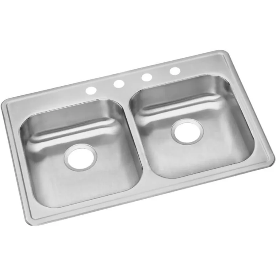 GE23321 Dayton 33 Drop In Double Basin Stainless Steel Kitchen Sink with 4 Faucet Holes - Ideal for Modern Kitchens Durab