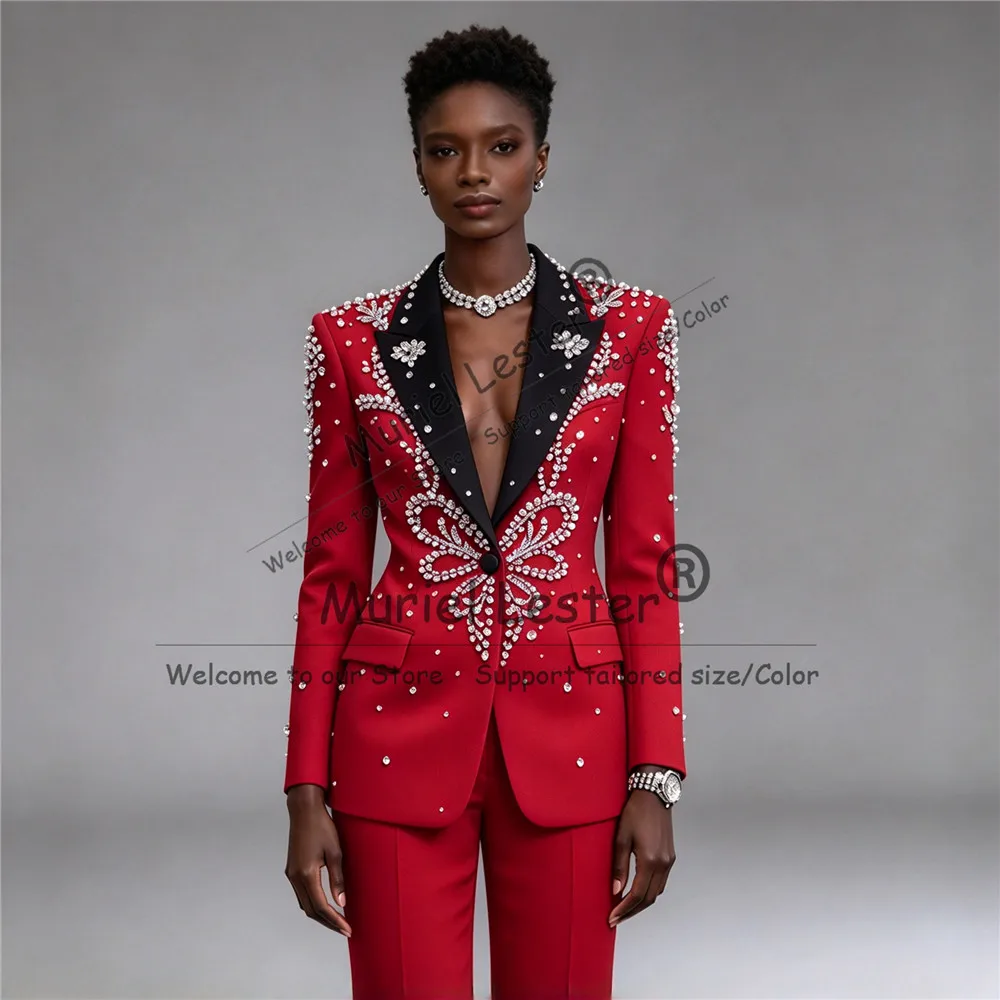 Women's Suit Pant Sets Luxury Beaded Stones Prom Blazer Formal Party Tuxedo Customized Stage Performance  костюм летний женские