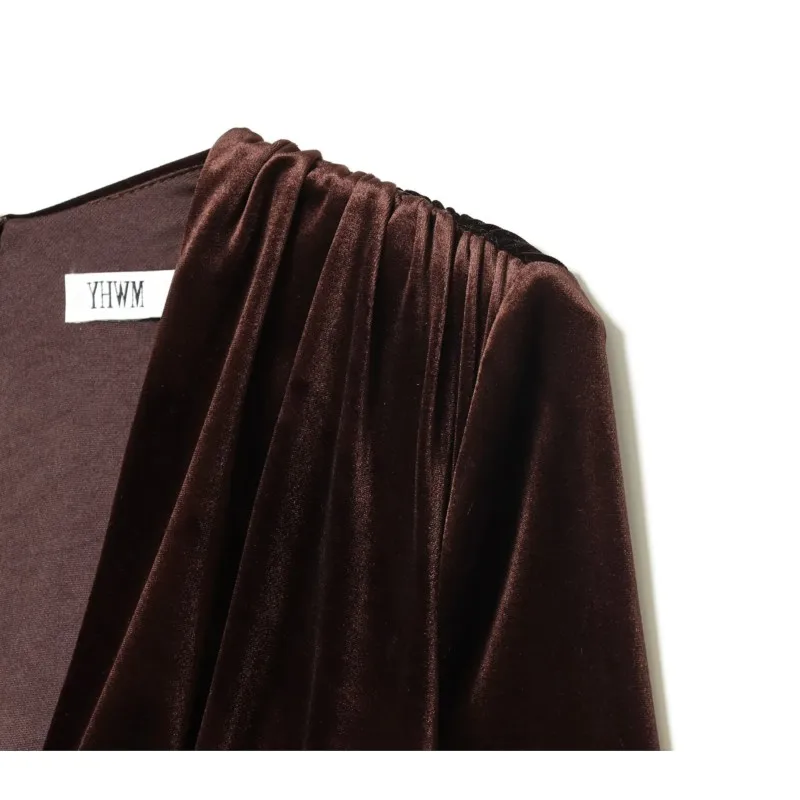 Robe mi-longue en velours pour femmes, nouvelle mode printemps-automne, col en V pliable, manches longues, élégante, Slim, Chic, robe de soirée, 2026