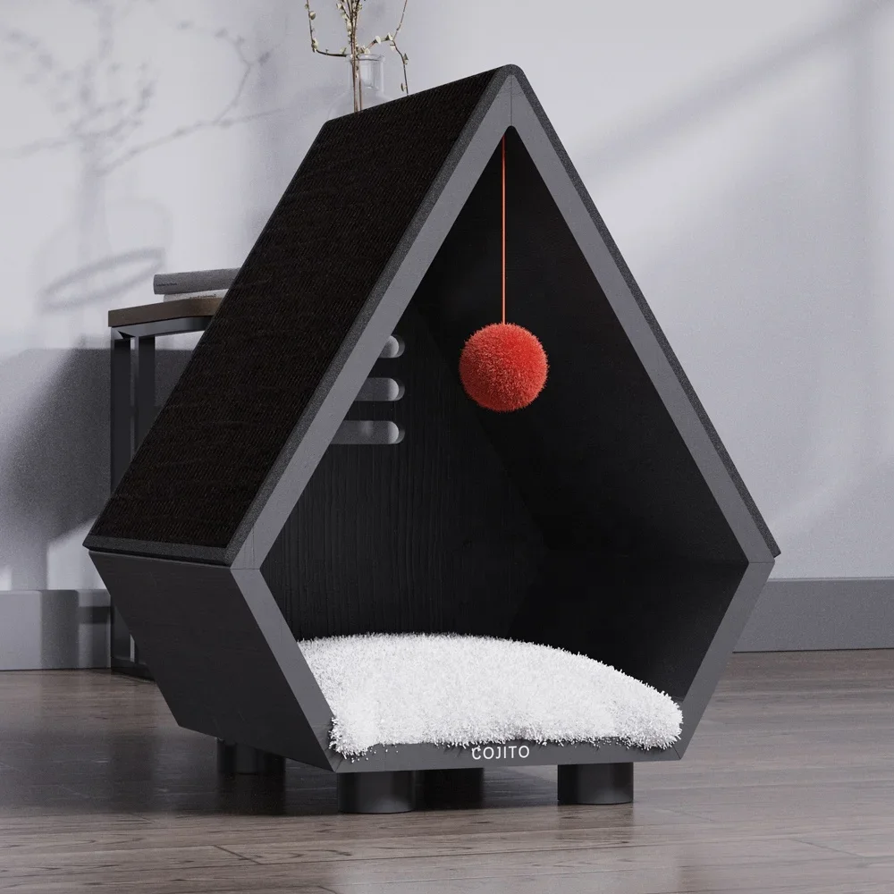 # Cat House Removable Felt Bed With Play Balls And Scratch Board Ramps For Cat Sleep