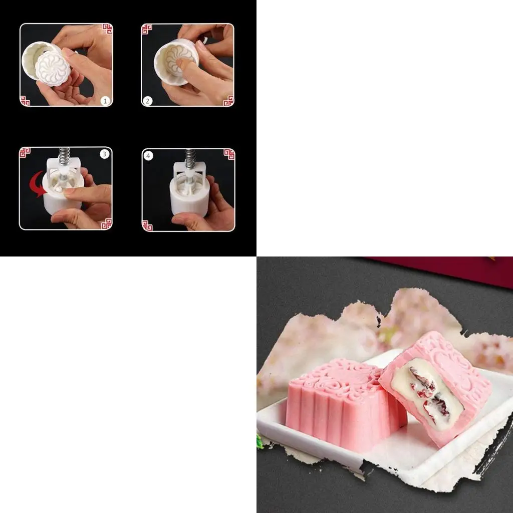 4pcs Square Hand Press Stamp Moon Cake Decor Barrel Mooncake Mold 125g DIY Tool